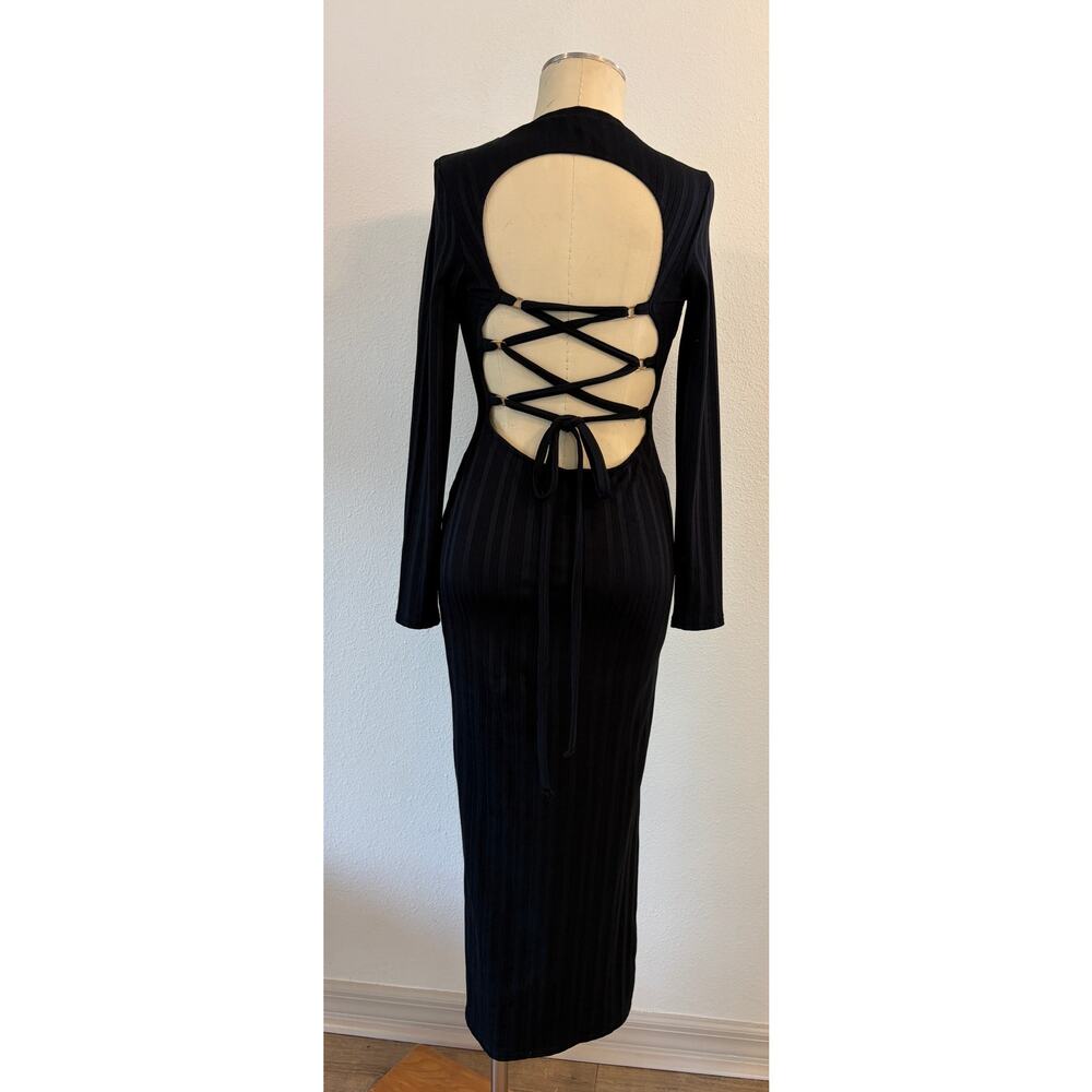 River Island Black Ribbed Lace Up Open Back Maxi Dress Women’s US 6 Bodycon - Picture 2 of 6